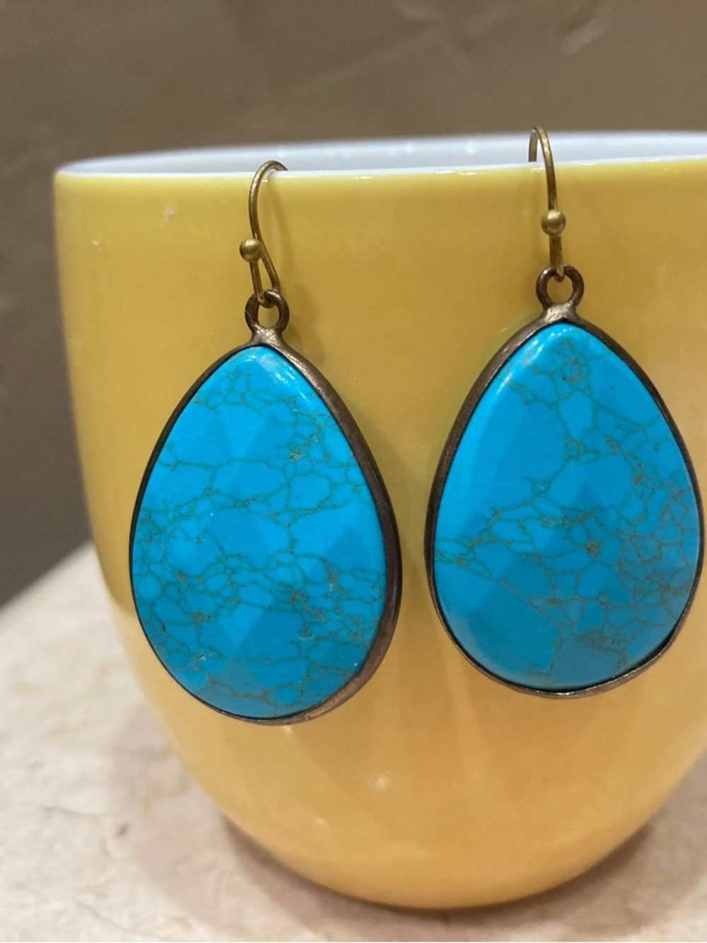 Anthropologie Gold Tome & Turquoise Teardrop Dangle Earrings - Picture 3 of 3